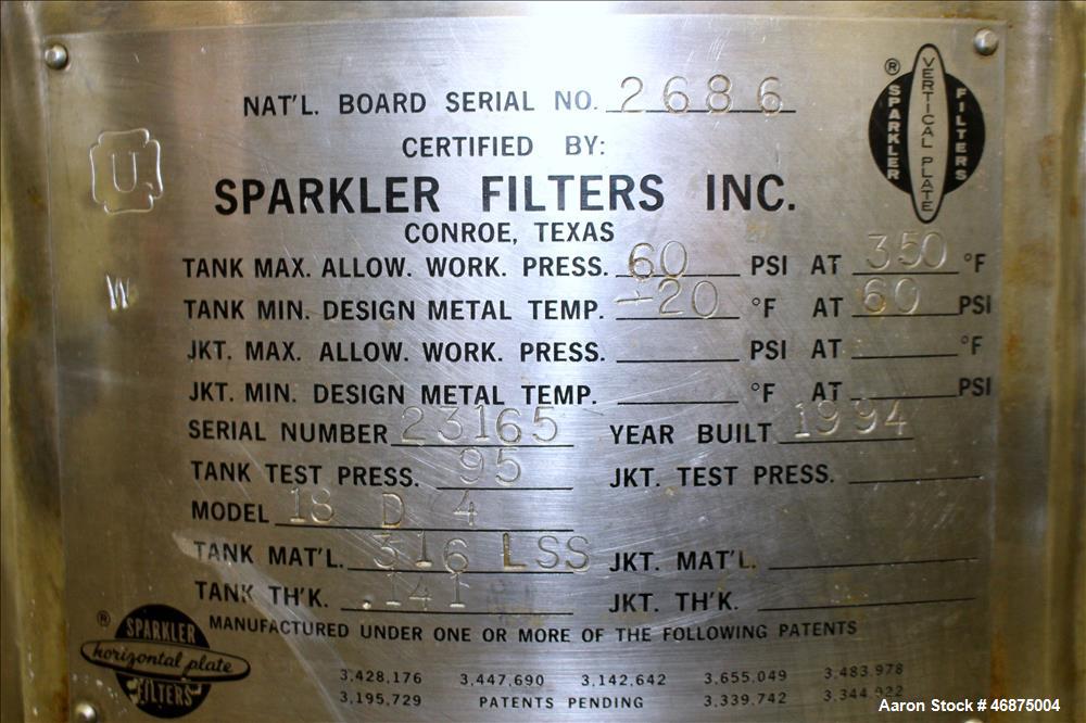 Used Sparkler Filter Pressure Leaf Filter, Model 18D4, 316L Stainless Steel, Vertical. 6.44 Square feet filter area, 0.776 cubic feet cake capacity (No Plates). Approximate 20" diameter x 8.5" straig...