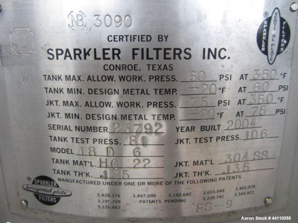 Used Sparkler Filter, Hastelloy C -22, 304SS jacket, Model 18 D 6, ??? Sq. Ft. Built 2009, S # 23742, NB # 3090, rated 60 @ 350 internal, 75 @ 350 jacket