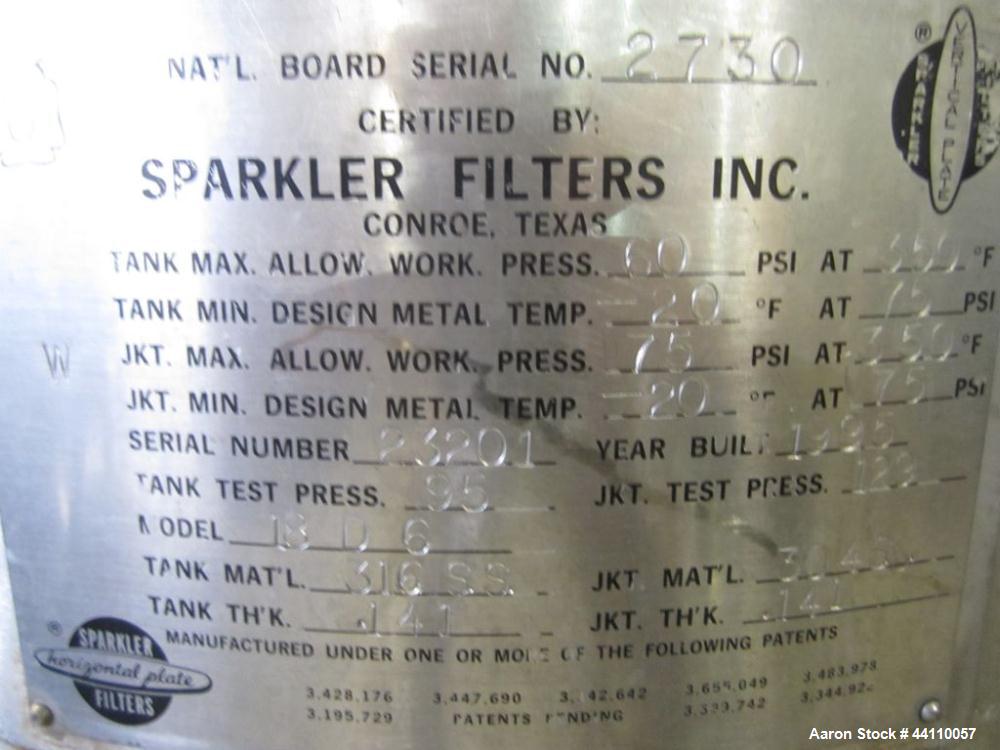 Used Sparkler Filter, 316 SS, Model 18 D 6, ??? Sq. Ft. Built 1995, S # 23201, NB # 2730, rated 60 @ 350 internal, 75 @ 350 jacket