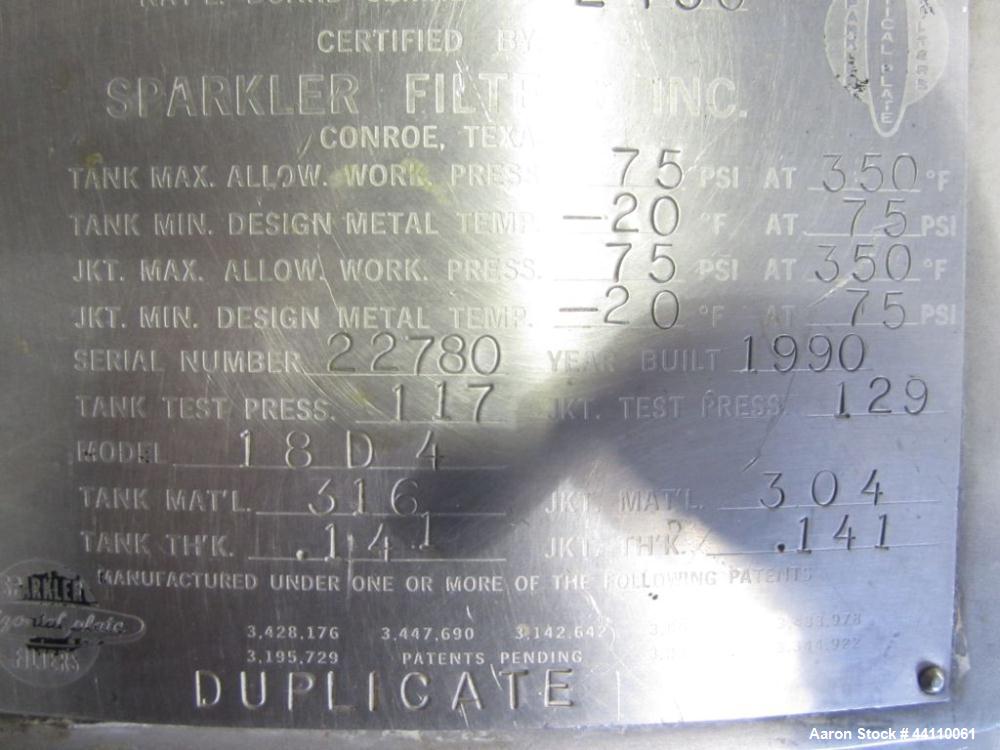 Used Sparkler Filter, 316/304 SS, Model 18 D 4, ??? Sq. Ft. Built 1990, S # 22780, NB # 2450, rated 75 @ 350 internal, 75 @ 350 jacket