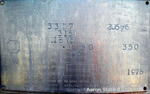 Used Sparkler Horizontal Plate Filter, Model 33-D-7, 316 stainless steel. Approximate 39.27 square feet filter area, 5.84 cubic feet cake capacity. Vertical non-jacketed tank 35-5/8" diameter x 26-3/...