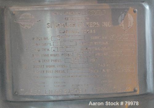 USED: Sparkler Filter, model 36. 316 stainless steel, 36" diameter, vertical tank, unit requires horizontal leaf. Internal rated 61 psi @ 350 deg F. NB #2028. Year 1984.