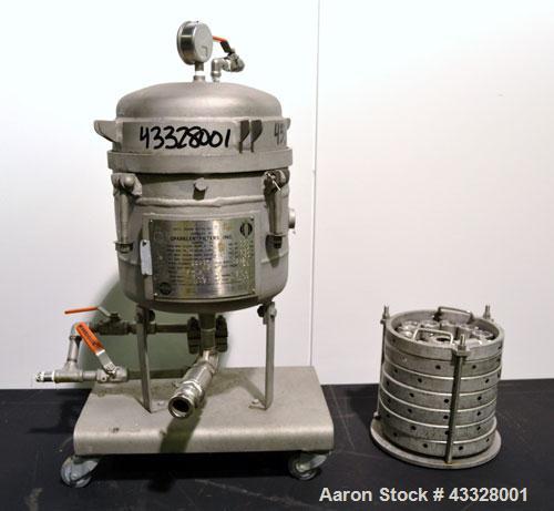 Used Sparkler Horizontal Pilot Plate Filter, Model 18-6, 316 Stainless Steel. Approximate 2 square feet filter area, (0.153) cubic feet cake capacity, 150 gallons per hour. Vertical jacketed tank app...