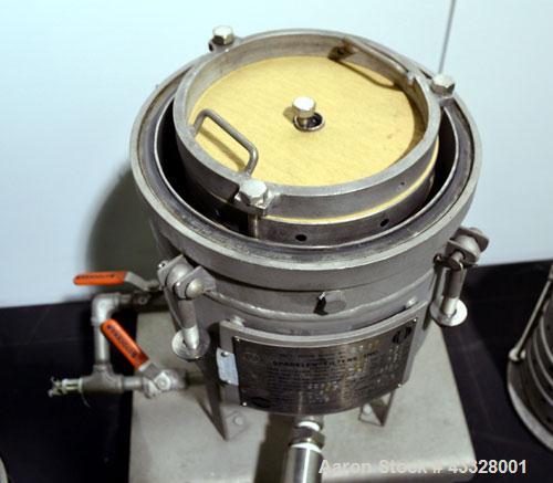 Used Sparkler Horizontal Pilot Plate Filter, Model 18-6, 316 Stainless Steel. Approximate 2 square feet filter area, (0.153) cubic feet cake capacity, 150 gallons per hour. Vertical jacketed tank app...