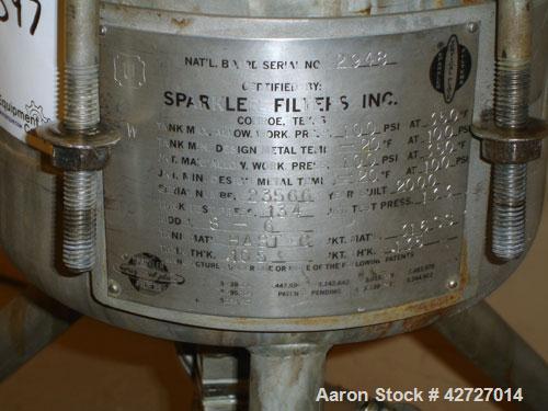 Used Sparkler Filter, Model 8-6, Hastelloy C. 2 Square feet surface area, .153 cubic feet cake capacity, rated 100 psi at 350 F internal, 316 stainless steel jacket rated 100 psi at 350 F, (6) 8" dia...