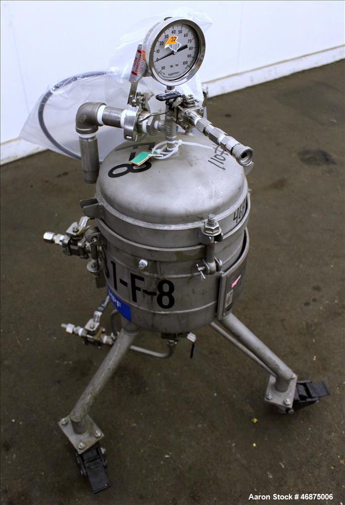 Used Sparkler Filter Pressure Leaf Filter, Model 8-6, 316 Stainless Steel, Vertical. 2 Square feet filter area, 0.153 cubic feet cake capacity. Approximate 9-5/8" diameter x 8" straight side, dish bo...
