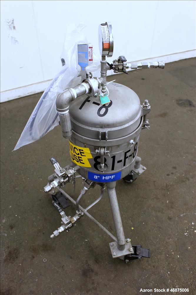 Used Sparkler Filter Pressure Leaf Filter, Model 8-6, 316 Stainless Steel, Vertical. 2 Square feet filter area, 0.153 cubic feet cake capacity. Approximate 9-5/8" diameter x 8" straight side, dish bo...