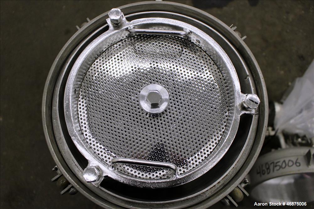Used Sparkler Filter Pressure Leaf Filter, Model 8-6, 316 Stainless Steel, Vertical. 2 Square feet filter area, 0.153 cubic feet cake capacity. Approximate 9-5/8" diameter x 8" straight side, dish bo...
