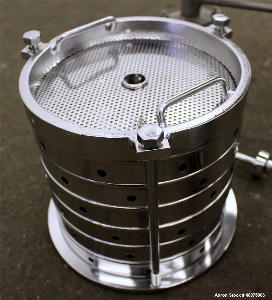Used Sparkler Filter Pressure Leaf Filter, Model 8-6, 316 Stainless Steel, Vertical. 2 Square feet filter area, 0.153 cubic feet cake capacity. Approximate 9-5/8" diameter x 8" straight side, dish bo...
