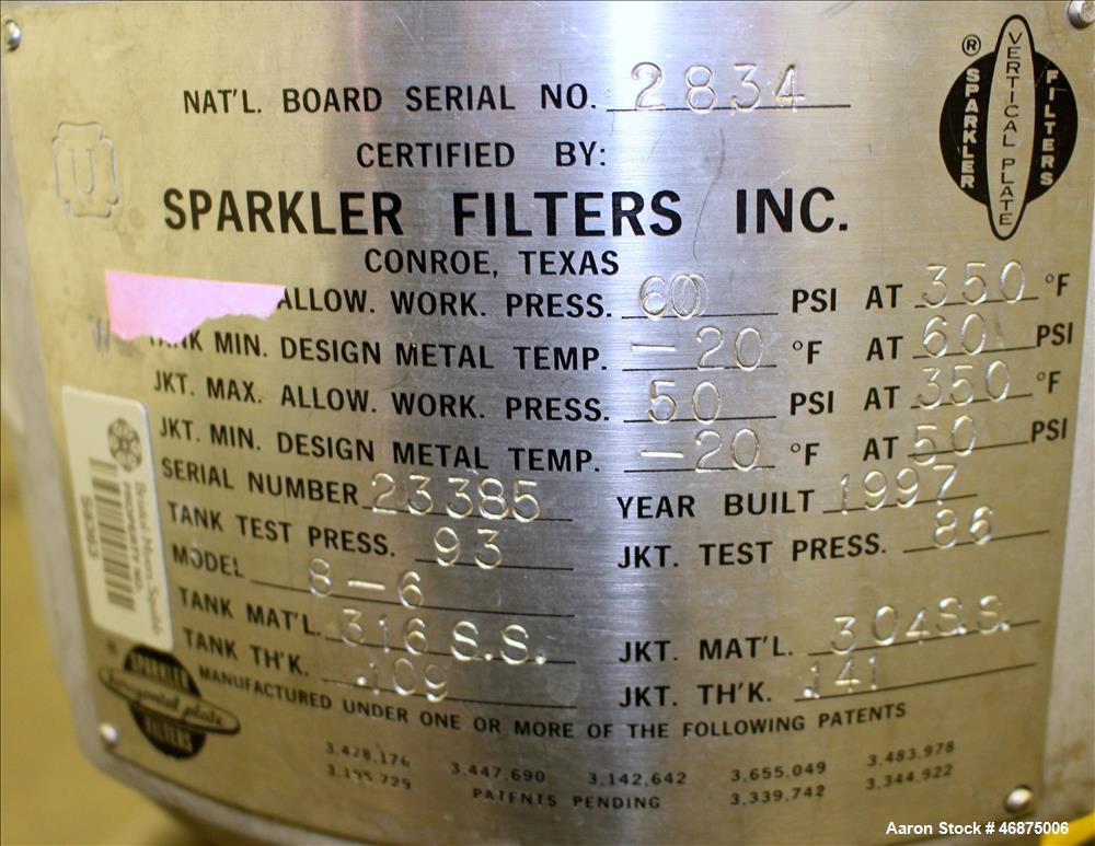Used Sparkler Filter Pressure Leaf Filter, Model 8-6, 316 Stainless Steel, Vertical. 2 Square feet filter area, 0.153 cubic feet cake capacity. Approximate 9-5/8" diameter x 8" straight side, dish bo...