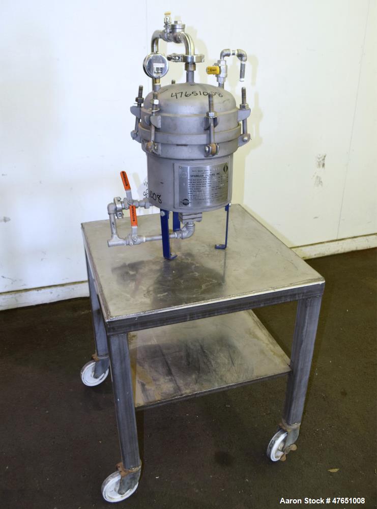 Used Sparkler Filters Pilot Horizontal Plate Filter, Model 8-6, 316 Stainless Steel. 2 Square feet filter area, (0.153) cubic feet cake capacity, 100 gallons per hour flow capacity. Vertical non-jack...