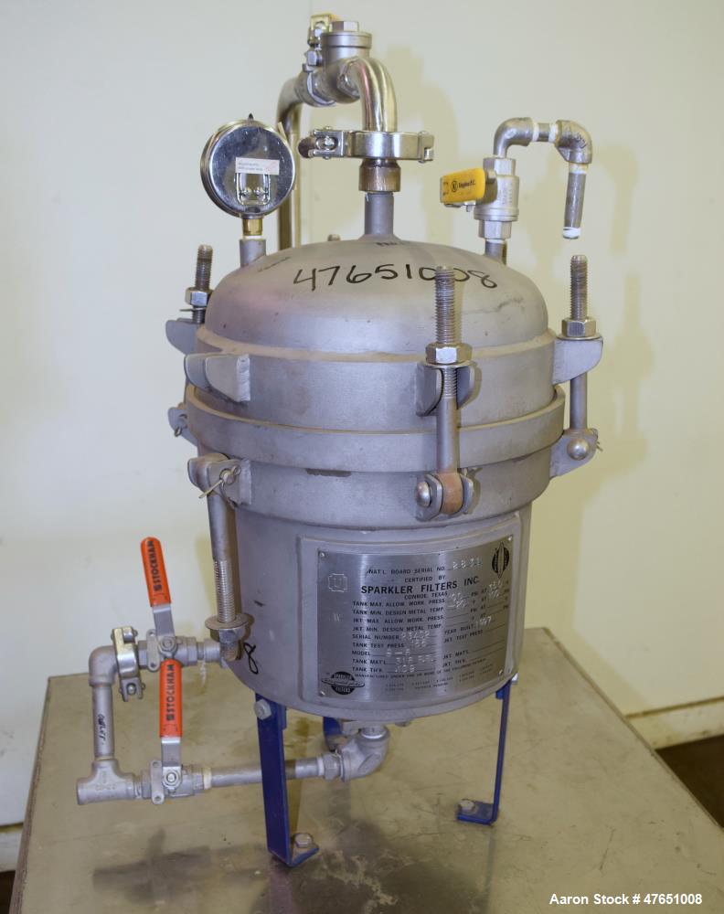 Used Sparkler Filters Pilot Horizontal Plate Filter, Model 8-6, 316 Stainless Steel. 2 Square feet filter area, (0.153) cubic feet cake capacity, 100 gallons per hour flow capacity. Vertical non-jack...