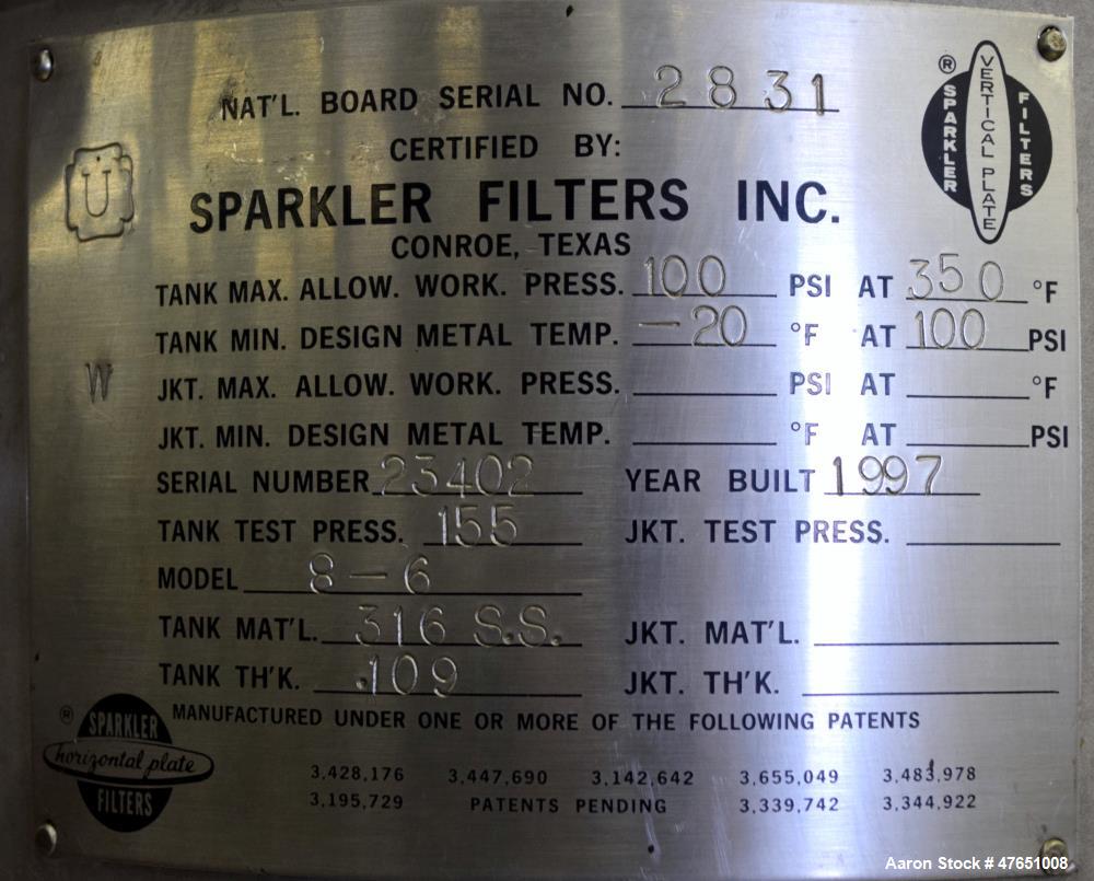 Used Sparkler Filters Pilot Horizontal Plate Filter, Model 8-6, 316 Stainless Steel. 2 Square feet filter area, (0.153) cubic feet cake capacity, 100 gallons per hour flow capacity. Vertical non-jack...