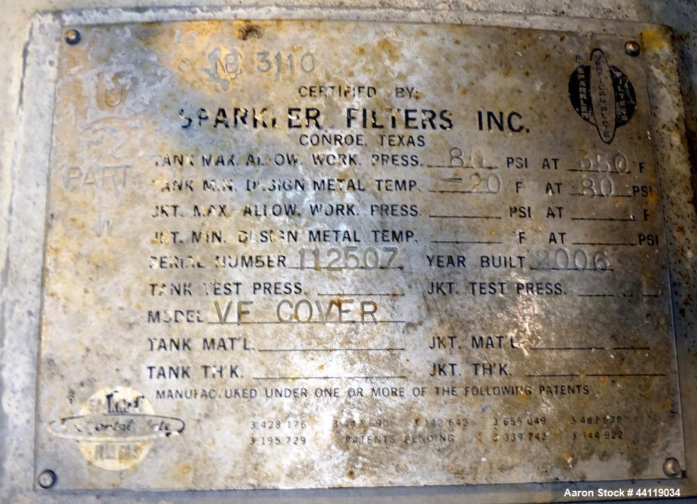 Used Sparkler Vertical Plate Filter, Model VF-B-70, 316 Stainless Steel. Unit converted to a model VF-B-92, approximate 92 square feet filter area, 7.3 cubic feet cake capacity. Non-jacketed vertical...