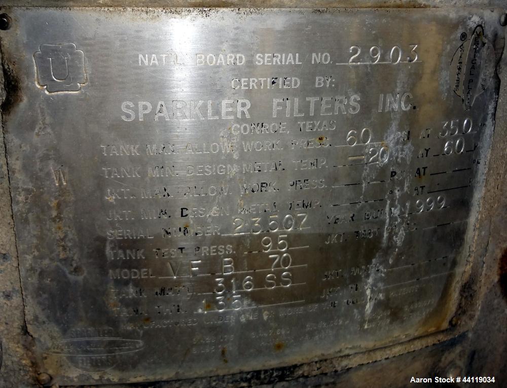 Used Sparkler Vertical Plate Filter, Model VF-B-70, 316 Stainless Steel. Unit converted to a model VF-B-92, approximate 92 square feet filter area, 7.3 cubic feet cake capacity. Non-jacketed vertical...