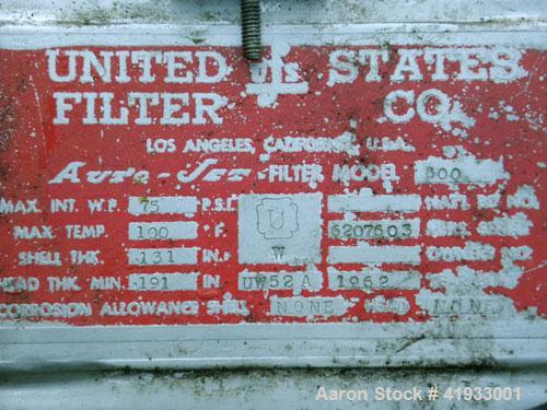 Used United States Filter Auto-Jet Self-Cleaning Pressure Leaf Filter, 600 square feet filter area, model 600, 304 stainless steel. Horizontal shell 54" diameter x 96" long, (1) end dished, (1) end d...