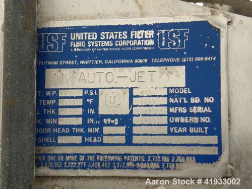 Used United States Filter Auto-Jet Self-Cleaning Pressure Leaf Filter, 600 square feet filter area, model 600, 304 stainless steel. Horizontal shell 54" diameter x 96" long , (1) end dished, (1) end ...