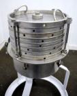 Used Sparkler Filter Horizontal Plate Filter, Model 14-7, 304 Stainless Steel. 6.23 Square feet filter area, 0.229 cubic feet cake capacity. Vertical non-jacketed tank 16