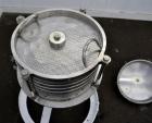 Used Sparkler Filter Horizontal Plate Filter, Model 14-7, 304 Stainless Steel. 6.23 Square feet filter area, 0.229 cubic feet cake capacity. Vertical non-jacketed tank 16