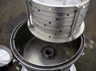 Used Sparkler Filter Horizontal Plate Filter, Model 14-7, 304 Stainless Steel. 6.23 Square feet filter area, 0.229 cubic feet cake capacity. Vertical non-jacketed tank 16