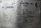 Used Sparkler Horizontal Plate Filter, model 14-D-4, 316 stainless steel. Approximate 3.2 square feet filter area, .38 cubic feet cake capacity, 220 gallons per hour. Vertical jacketed tank 16