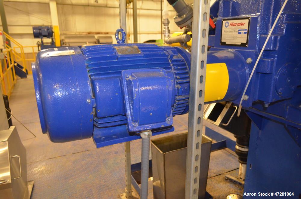 Used Fournier Industries 36" 2 Channel Rotary Press, Model 4(6)-900/6000 CV. Dewatering area 21.55 square feet, up to 100 gallons per minute sludge depending on product. 3" Sludge inlet, 6" victaulic...