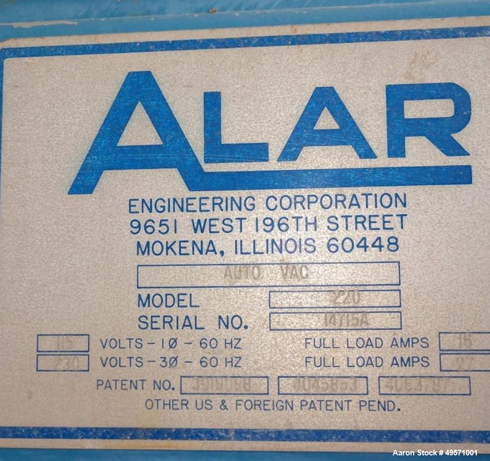 Used Alar Auto-Vac Filter System. Consisting of: (1) Alar rotary vacuum filter, Model 220. 24" Diameter x 24" face, Carbon steel drum, approximate 12.6 square feet filter area. Drum driven by a appro...