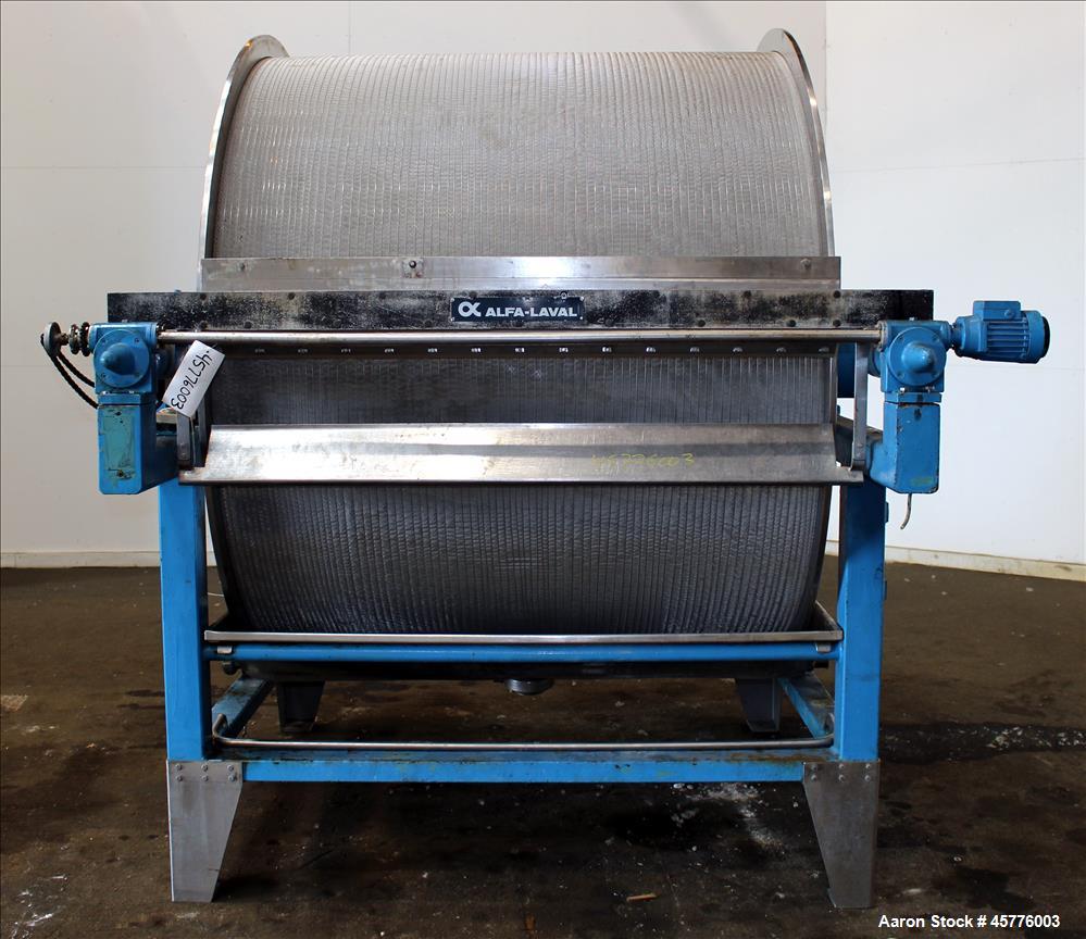 Used Alfa Laval Rotary Vacuum Filter, Type Lundinfilter TF-8M2. 81.76 Square feet (8m2) filtration area. 304 Stainless steel drum, approximately 70" diameter x 58" face. Driven by .95/1.8kW, 380 volt...