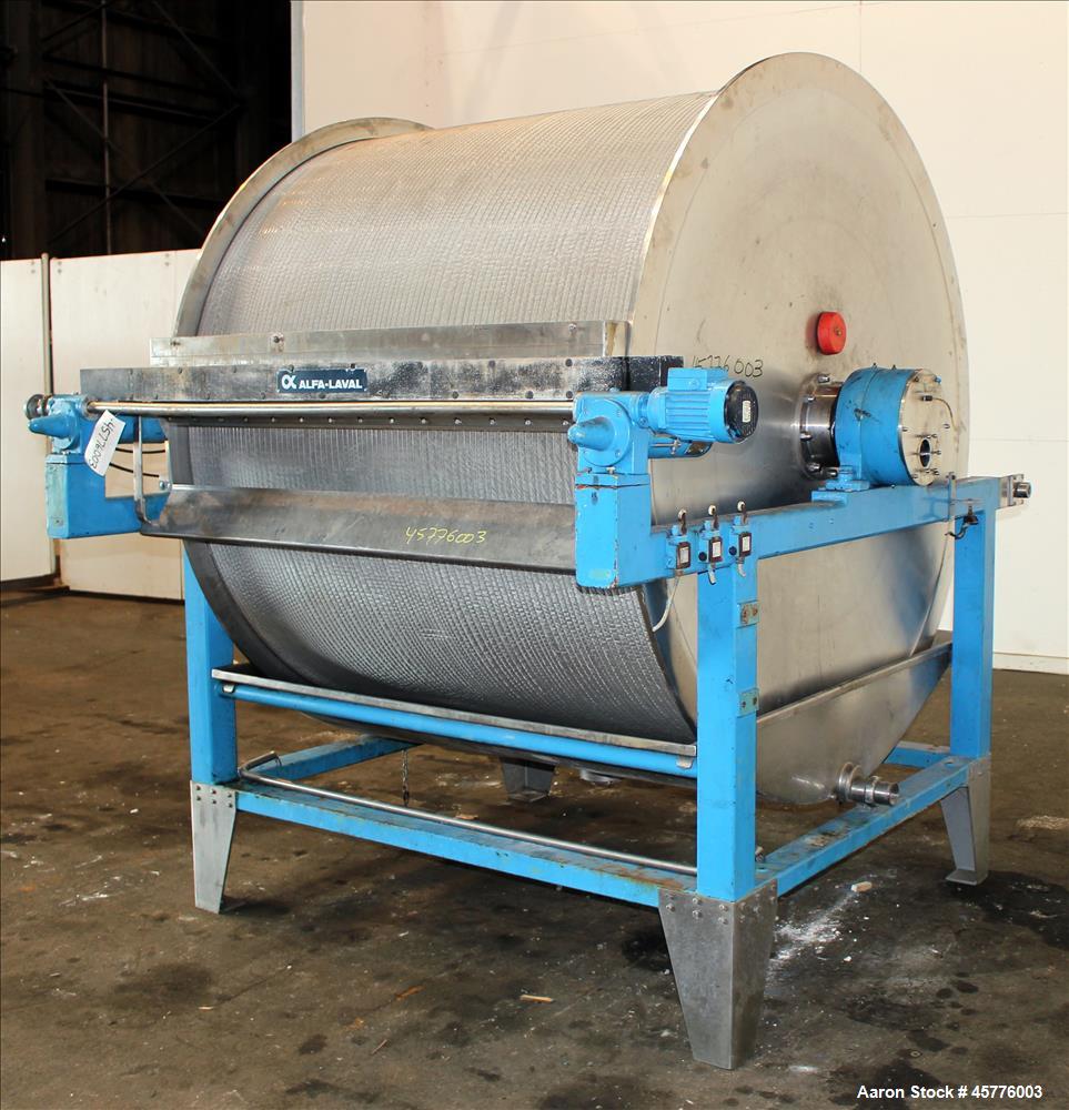Used Alfa Laval Rotary Vacuum Filter, Type Lundinfilter TF-8M2. 81.76 Square feet (8m2) filtration area. 304 Stainless steel drum, approximately 70" diameter x 58" face. Driven by .95/1.8kW, 380 volt...