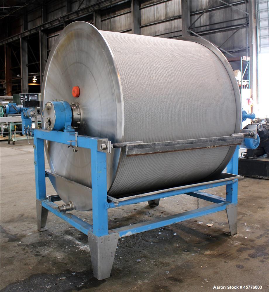 Used Alfa Laval Rotary Vacuum Filter, Type Lundinfilter TF-8M2. 81.76 Square feet (8m2) filtration area. 304 Stainless steel drum, approximately 70" diameter x 58" face. Driven by .95/1.8kW, 380 volt...