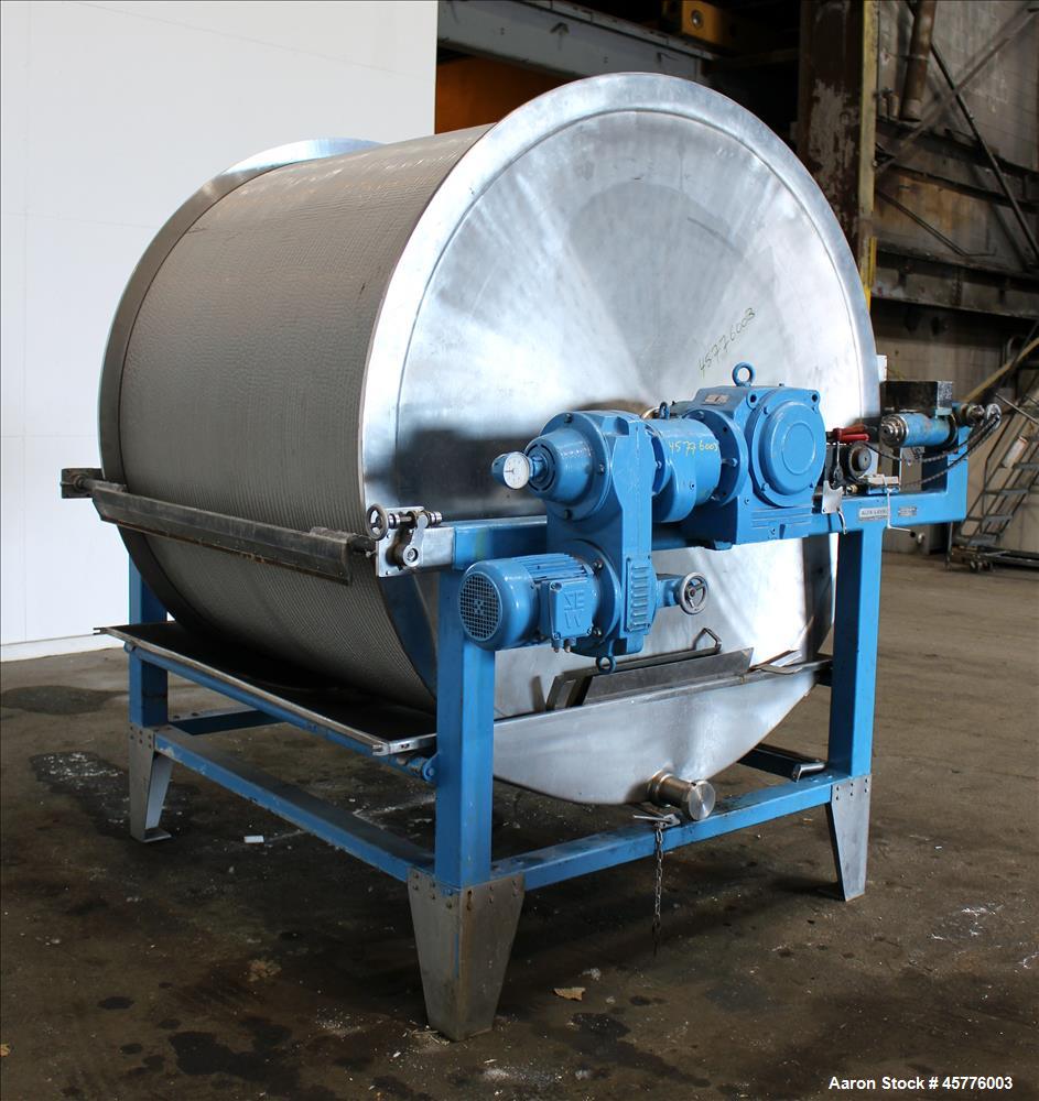 Used Alfa Laval Rotary Vacuum Filter, Type Lundinfilter TF-8M2. 81.76 Square feet (8m2) filtration area. 304 Stainless steel drum, approximately 70" diameter x 58" face. Driven by .95/1.8kW, 380 volt...