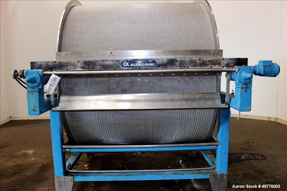 Used Alfa Laval Rotary Vacuum Filter, Type Lundinfilter TF-8M2. 81.76 Square feet (8m2) filtration area. 304 Stainless steel drum, approximately 70" diameter x 58" face. Driven by .95/1.8kW, 380 volt...