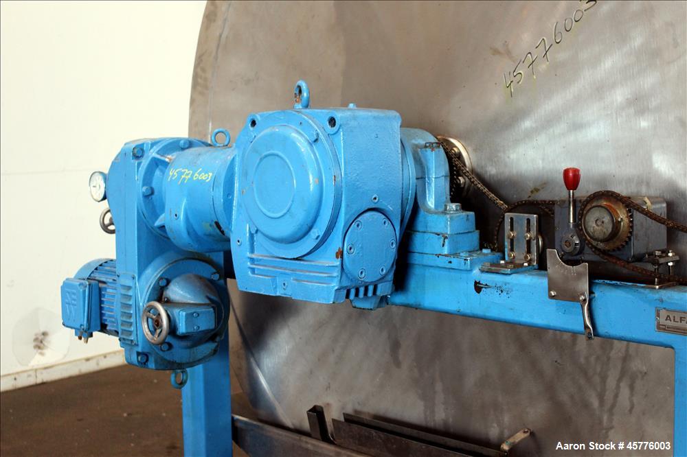 Used Alfa Laval Rotary Vacuum Filter, Type Lundinfilter TF-8M2. 81.76 Square feet (8m2) filtration area. 304 Stainless steel drum, approximately 70" diameter x 58" face. Driven by .95/1.8kW, 380 volt...