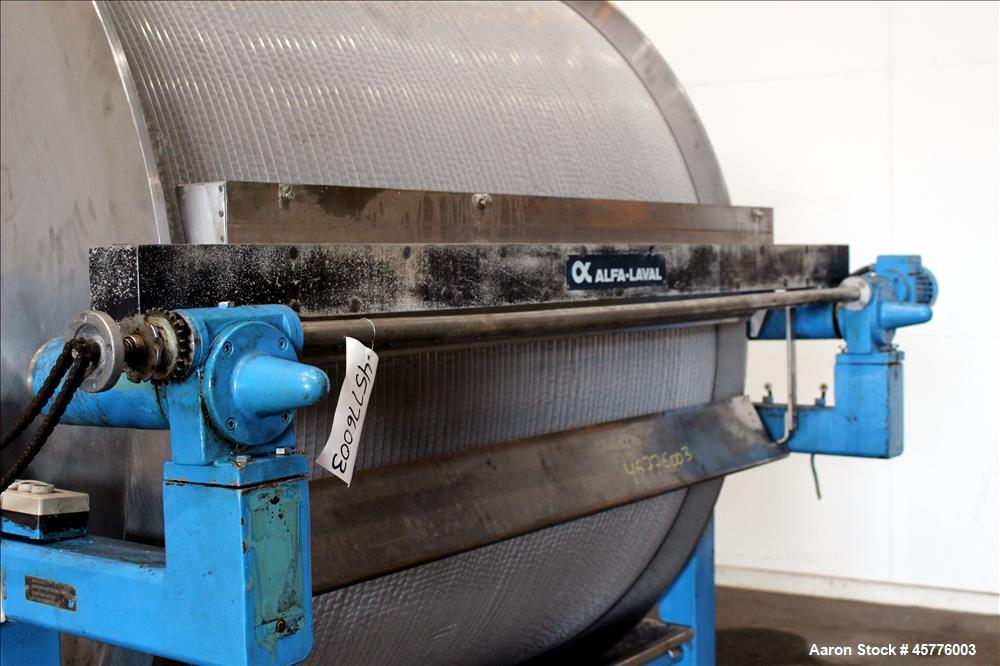 Used Alfa Laval Rotary Vacuum Filter, Type Lundinfilter TF-8M2. 81.76 Square feet (8m2) filtration area. 304 Stainless steel drum, approximately 70" diameter x 58" face. Driven by .95/1.8kW, 380 volt...