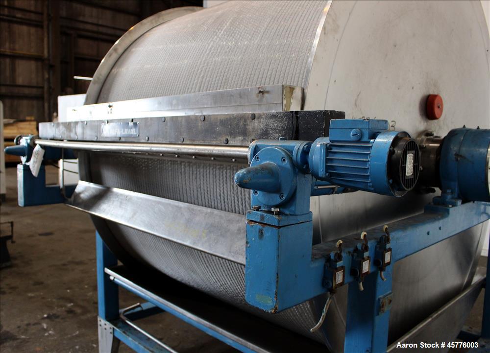 Used Alfa Laval Rotary Vacuum Filter, Type Lundinfilter TF-8M2. 81.76 Square feet (8m2) filtration area. 304 Stainless steel drum, approximately 70" diameter x 58" face. Driven by .95/1.8kW, 380 volt...