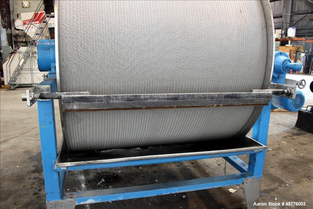Used Alfa Laval Rotary Vacuum Filter, Type Lundinfilter TF-8M2. 81.76 Square feet (8m2) filtration area. 304 Stainless steel drum, approximately 70" diameter x 58" face. Driven by .95/1.8kW, 380 volt...