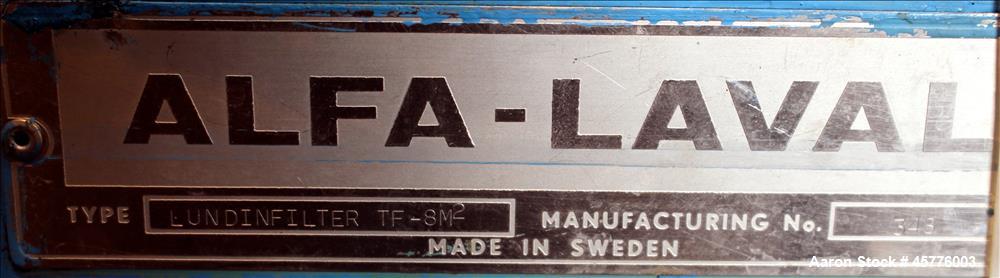 Used Alfa Laval Rotary Vacuum Filter, Type Lundinfilter TF-8M2. 81.76 Square feet (8m2) filtration area. 304 Stainless steel drum, approximately 70" diameter x 58" face. Driven by .95/1.8kW, 380 volt...