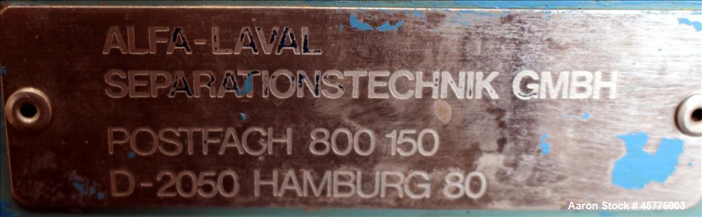 Used Alfa Laval Rotary Vacuum Filter, Type Lundinfilter TF-8M2. 81.76 Square feet (8m2) filtration area. 304 Stainless steel drum, approximately 70" diameter x 58" face. Driven by .95/1.8kW, 380 volt...