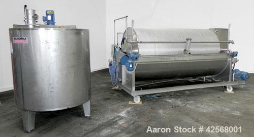 Used Della Toffola Rotary Vacuum Filter, 107 Square Feet (10 square meter) Filter Area, Model EC 10. 304 Stainless Steel. 46.8” Diameter x 93.6” straight side (1200 mm x 2500 mm straight side) filter...