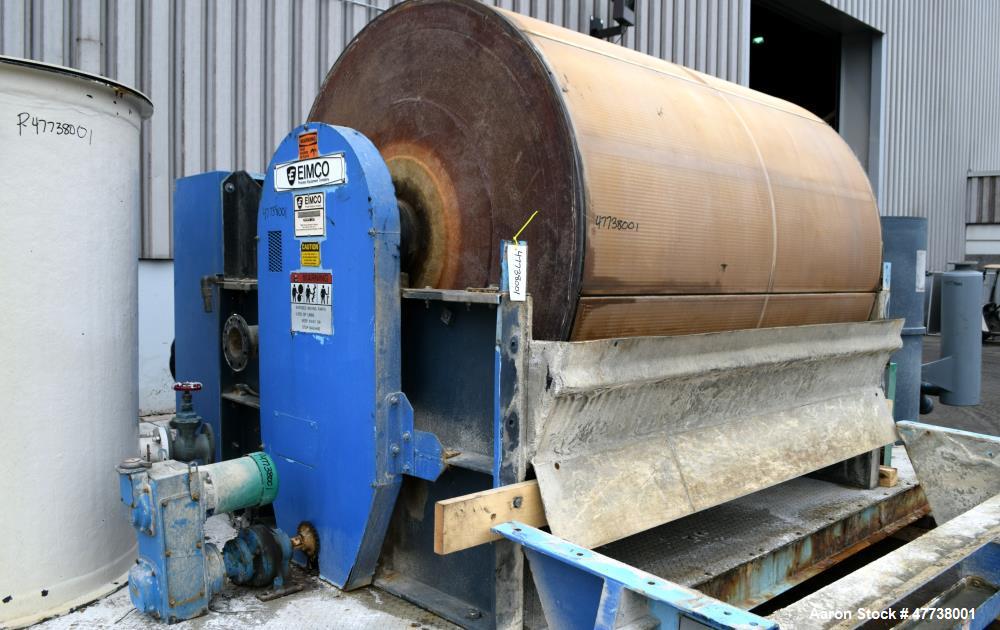 Used Eimco Pre-Coat Rotary Vacuum Filter, Approximate 150 Square Feet Filter Area, Carbon Steel. Drum 6 diameter x approximate 8 face driven by a 3/4hp, 3/60/208-230/460 volt, 1725 rpm Speed-Trol var...