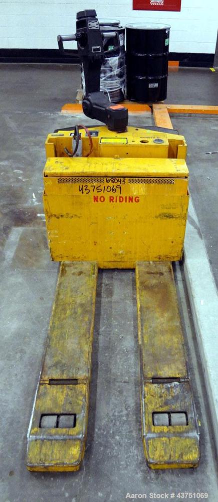 Used Big Joe Electric Walk Behind Pallet Truck, Model WPT-40-48. Lifting capacity 4000 pounds at 24” load center. 24 Volt. Fork length 48”, fork span 27”, raied height 9-1/8”, lowered height 3-1/4”. ...
