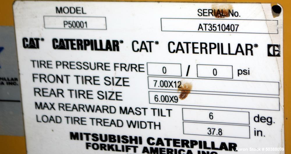 Used Caterpillar Propane Forklift, Model P50001. Approximate 5000 pound capacity. Serial# AT3510407.