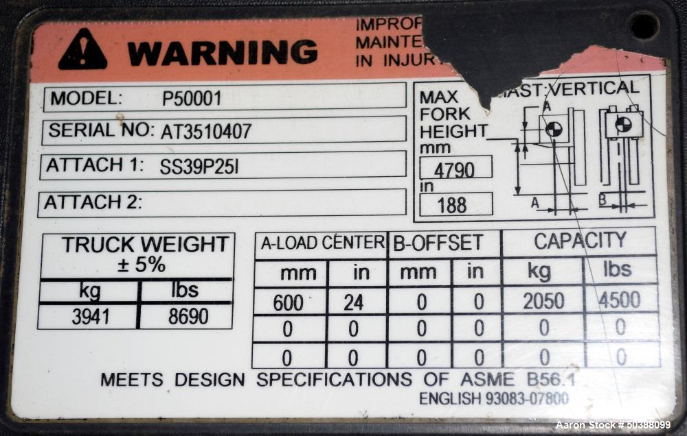 Used- Caterpillar Propane Forklift, Model P50001. Approximate 5000 pound capacity. Serial# AT3510407.