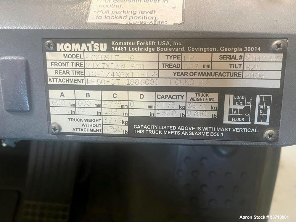Used Komatsu FG25SHT-16 Forklift – 4,800 lb Capacity | Propane | 14,237 Hours | 2006