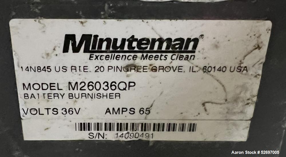 Used- Minuteman Floor Burnisher, Model M26036QP. 20" diameter cleaning pad with max speed of 2600rpm. Driven by a 2.5hp moto...