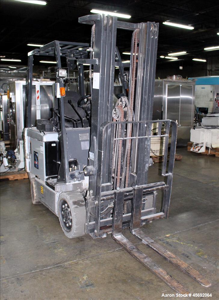 Used Nissan Electric Fork Lift/Truck, Model CP1B2L25S. 9385 hours. Maximum 3450 lbs capacity. 42" long forks. Has side shift, maximum 217" lift height. Serial# 569063.