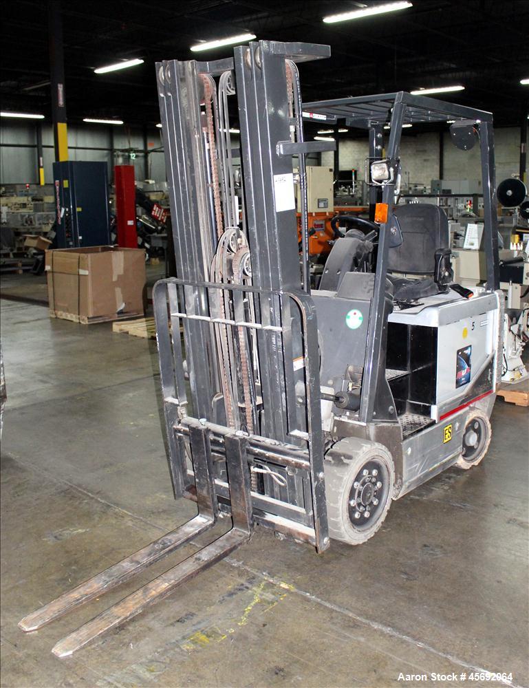 Used Nissan Electric Fork Lift/Truck, Model CP1B2L25S. 9385 hours. Maximum 3450 lbs capacity. 42" long forks. Has side shift, maximum 217" lift height. Serial# 569063.