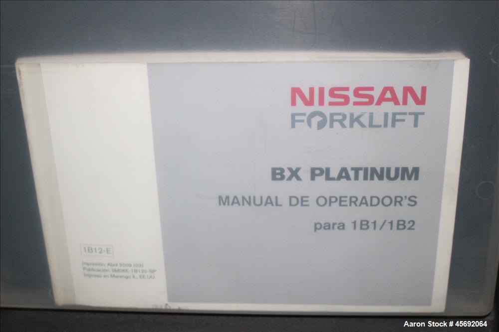 Used Nissan Electric Fork Lift/Truck, Model CP1B2L25S. 9385 hours. Maximum 3450 lbs capacity. 42" long forks. Has side shift, maximum 217" lift height. Serial# 569063.