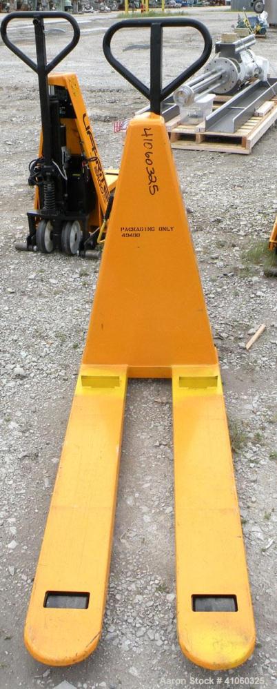 Used Lift-Rite Ergonomic 3000 12 Volt Electric/Manual Portable Scissor Lift, Model RG30E, Carbon Steel. 3000 pound capacity. Fork Width 20.5’’, Fork Length 48’’, Lowered Height 3.25’’, Raised Height ...