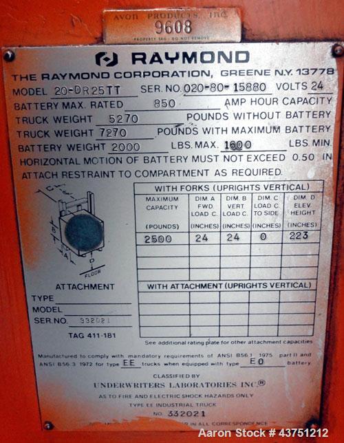 Used Raymond Corporation Stand Up Electric Reach Lift Truck, Model 20-R30TT. 3000 Pound capacity at 190” lift height. (2) Stage mast. Includes a Gould 24 volt battery charger, model GFC-12-900T1. Hou...